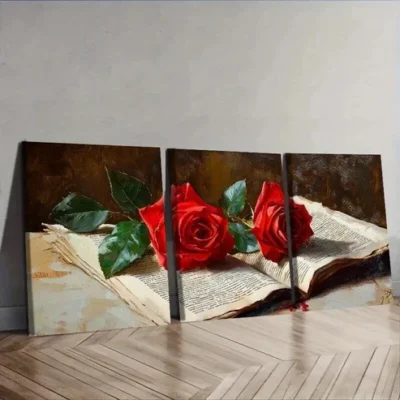 3pcs Red roses from the newspaper Wall Art Set Canvas Framed 50x70cm - High Quality Print 100% Australian Made Wall Canvas Ready to Hang