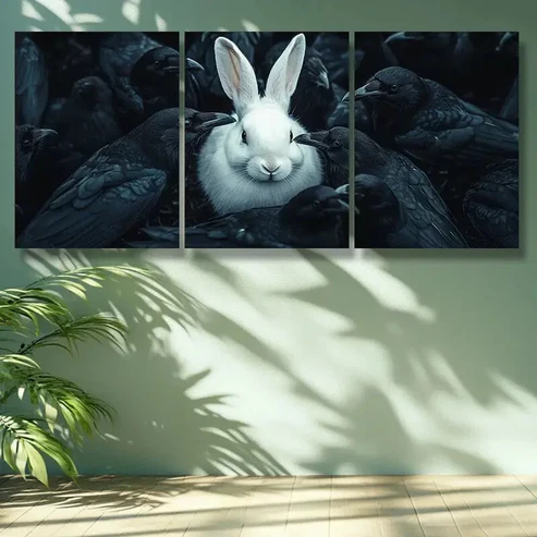 3pcs White rabbit, crow Wall Art Set Canvas Framed 40x60cm – High Quality Print 100% Australian Made Wall Canvas Ready to Hang