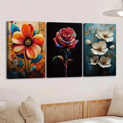3pcs Vibrant Florals Paint Roses Peonies Orange Wall Art Set Canvas Framed 50x70cm - High Quality Print 100% Australian Made Wall Canvas Ready to Hang