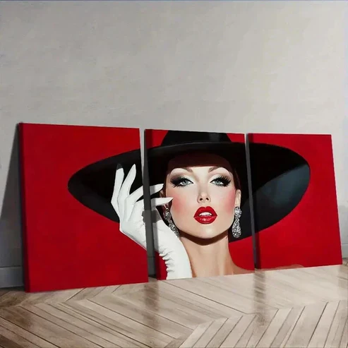 3pcs Fashionable woman in black hat Wall Art Set Canvas Framed 50x70cm – High Quality Print 100% Australian Made Wall Canvas Ready to Hang