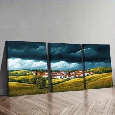 3pcs A little village with red roofs Painting Wall Art Set Canvas Framed 50x70cm - High Quality Print 100% Australian Made Wall Canvas Ready to Hang