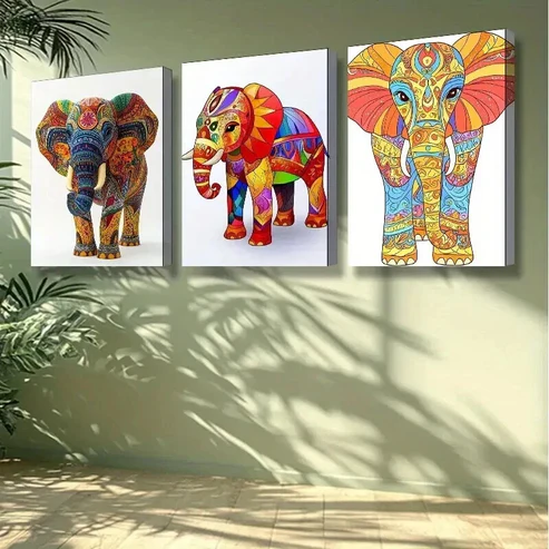 3pcs Vibrant Stylized Elephant Wall Art Set Canvas Framed 50x70cm – High Quality Print 100% Australian Made Wall Canvas Ready to Hang