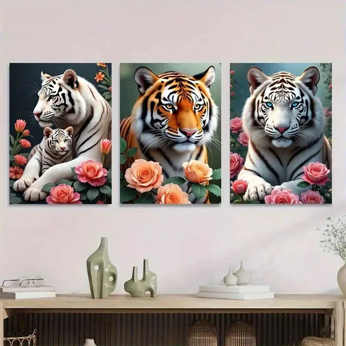 3pcs Stunning Tiger Vibrant Wildlife Paintings Wall Art Set Canvas Framed 50x70cm – High Quality Print 100% Australian Made Wall Canvas Ready to Hang
