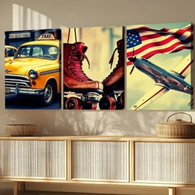 3pcs Retro American Classic Modern Style Car Wall Art Set Canvas Framed 50x70cm - High Quality Print 100% Australian Made Wall Canvas Ready to Hang