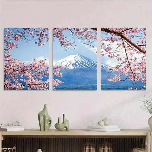 3pcs Cherry Blossom & Mount Fuji Pink Trees Wall Art Set Canvas Framed 50x70cm – High Quality Print 100% Australian Made Wall Canvas Ready to Hang