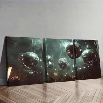 3pcs Silver disco balls hang from the ceiling Wall Art Set Canvas Framed 50x70cm - High Quality Print 100% Australian Made Wall Canvas Ready to Hang