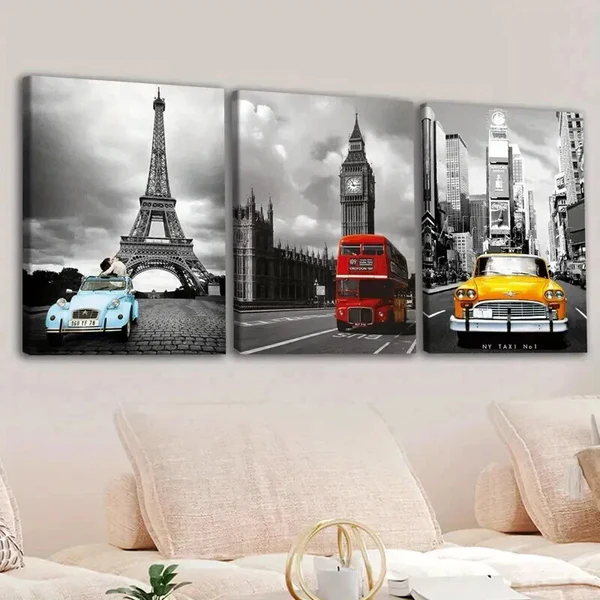 3pcs Eiffel Towers Big Ben & NYC Scenes Vintage Wall Art Set Canvas Framed 50x70cm – High Quality Print 100% Australian Made Wall Canvas Ready to Hang