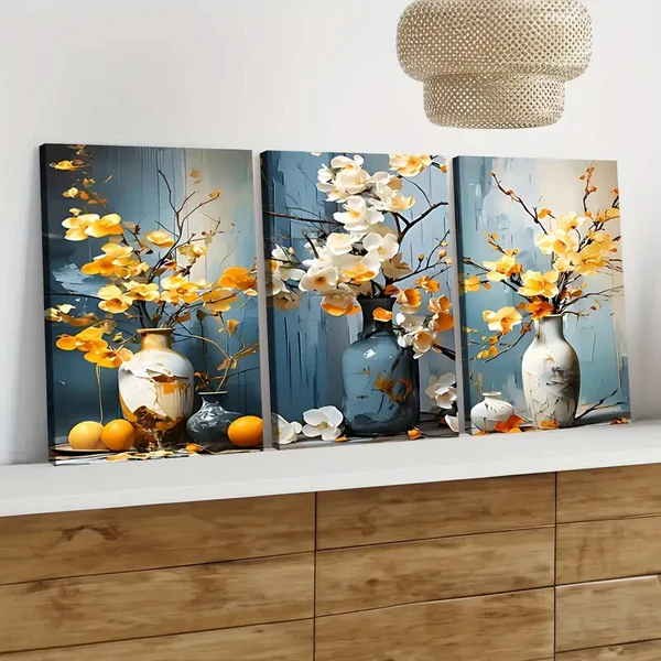 3pcs Floral Bonsai Elegant White & Yellow Florals Wall Art Set Canvas Framed 40x60cm – High Quality Print 100% Australian Made Wall Canvas Ready to Hang