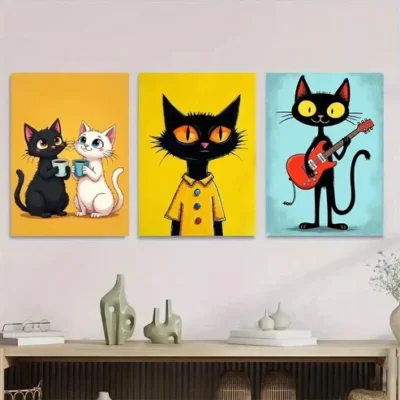 3pcs Colorful Cat Animal Lovers Black Yellow Wall Art Set Canvas Framed 50x70cm - High Quality Print 100% Australian Made Wall Canvas Ready to Hang