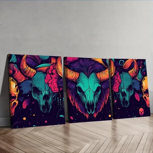 3pcs Deco Skulls and Bison Horns Wall Art Set Canvas Framed 50x70cm – High Quality Print 100% Australian Made Wall Canvas Ready to Hang