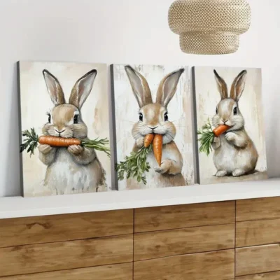 3pcs Cute Rabbit Orange Carrot Green Leaves Wall Art Set Canvas Framed 40x60cm - High Quality Print 100% Australian Made Wall Canvas Ready to Hang