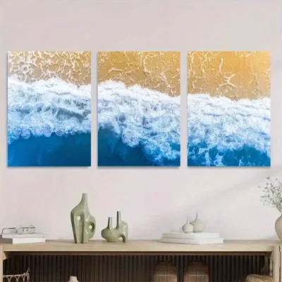 3pcs Coastal Ocean Wave Vibrant Blue & Golden Wall Art Set Canvas Framed 50x70cm - High Quality Print 100% Australian Made Wall Canvas Ready to Hang