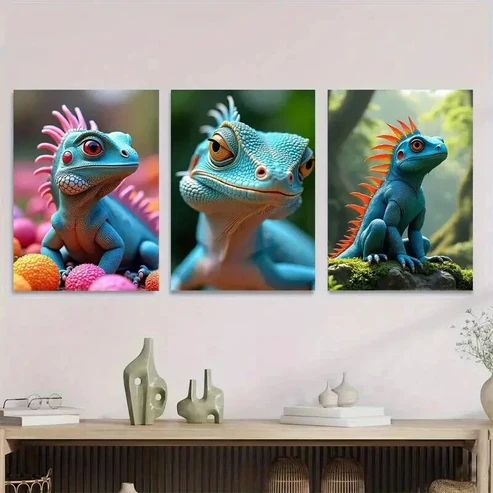 3pcs Vibrant Lizard Triptych Colorful Reptile Wall Art Set Canvas Framed 50x70cm – High Quality Print 100% Australian Made Wall Canvas Ready to Hang