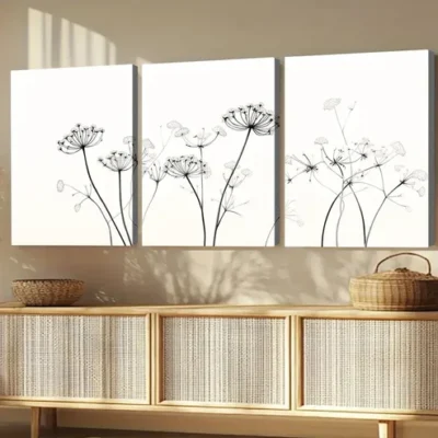 3pcs Queen Annes White Black Liner Florals Wall Art Set Canvas Framed 50x70cm - High Quality Print 100% Australian Made Wall Canvas Ready to Hang