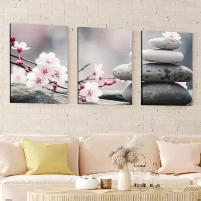3pcs Abstract Gray And White Stones Stacked Wall Art Set Canvas Framed 50x70cm - High Quality Print 100% Australian Made Wall Canvas Ready to Hang