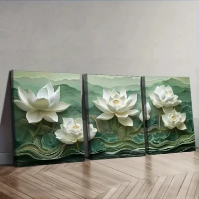 3pcs White for Lotus Flower Design Wall Art Set Canvas Framed 50x70cm - High Quality Print 100% Australian Made Wall Canvas Ready to Hang