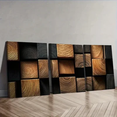 3pcs Featuring Dark Textured Wooden Blocks Wall Art Set Canvas Framed 40x60cm - High Quality Print 100% Australian Made Wall Canvas Ready to Hang
