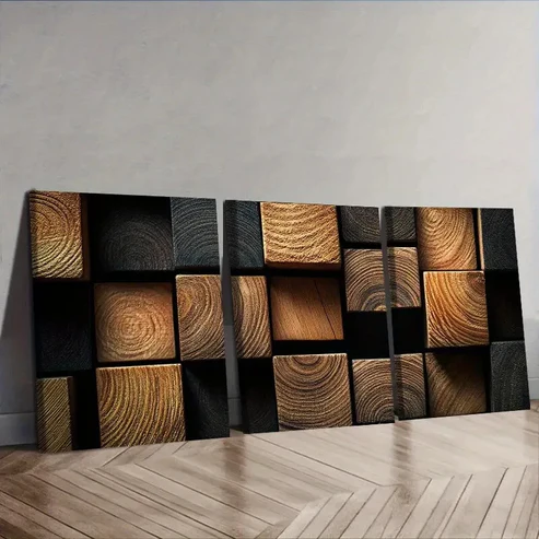 3pcs Featuring Dark Textured Wooden Blocks Wall Art Set Canvas Framed 40x60cm – High Quality Print 100% Australian Made Wall Canvas Ready to Hang