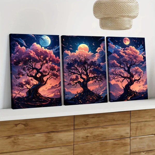 3pcs Cartoon Tree Glowing Branches Pink Clouds Wall Art Set Canvas Framed 50x70cm – High Quality Print 100% Australian Made Wall Canvas Ready to Hang