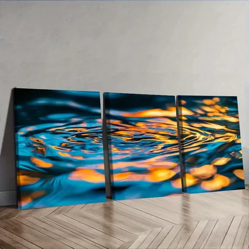 3pcs Blue & Orange Water Reflections Wall Art Set Canvas Framed 40x60cm – High Quality Print 100% Australian Made Wall Canvas Ready to Hang