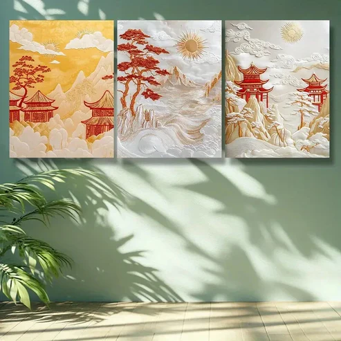3pcs Chinese Traditional Pavilion Wall Art Set Canvas Framed 40x60cm -High Quality Print 100% Australian Made Wall Canvas Ready to Hang