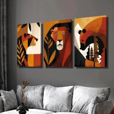 3pcs Geometric Lions Bears Plants Illustrations Wall Art Set Canvas Framed 40x60cm - High Quality Print 100% Australian Made Wall Canvas Ready to Hang