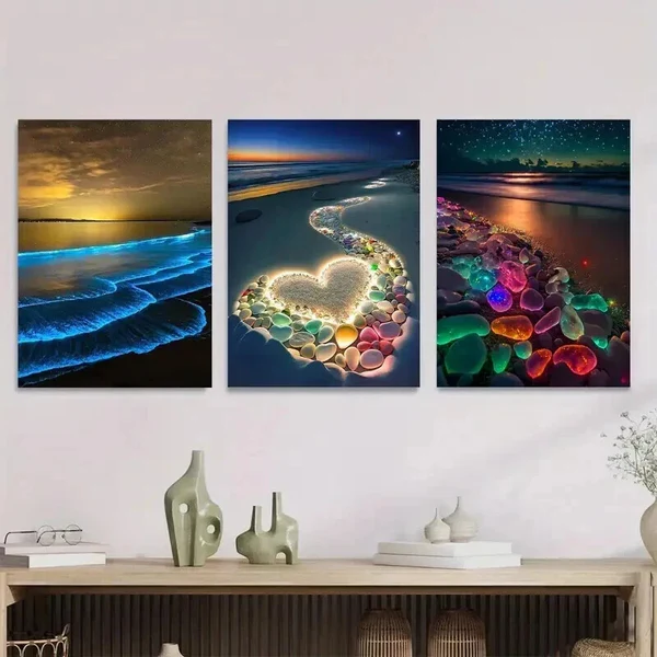 3pcs Vibrant Beach Scenes with Heart Accents Wall Art Set Canvas Framed 50x70cm – High Quality Print 100% Australian Made Wall Canvas Ready to Hang