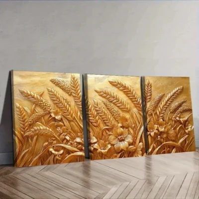 3pcs Ears of Wheat And Flowers Wall Art Set Canvas Framed 50x70cm - High Quality Print 100% Australian Made Wall Canvas Ready to Hang