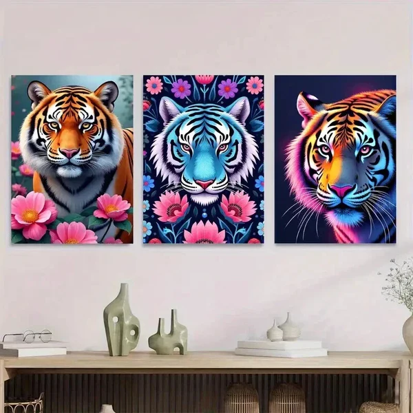 3pcs Vibrant Tiger Modern Picture Wall Art Set Canvas Framed 50x70cm – High Quality Print 100% Australian Made Wall Canvas Ready to Hang