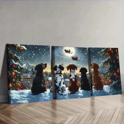 3pcs Festive Dogs Watching Santa Claus Wall Art Set Canvas Framed 50x70cm - High Quality Print 100% Australian Made Wall Canvas Ready to Hang