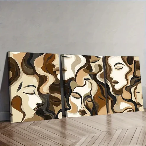 3pcs Brown and beige faces Wall Art Set Canvas Framed 40x60cm – High Quality Print 100% Australian Made Wall Canvas Ready to Hang