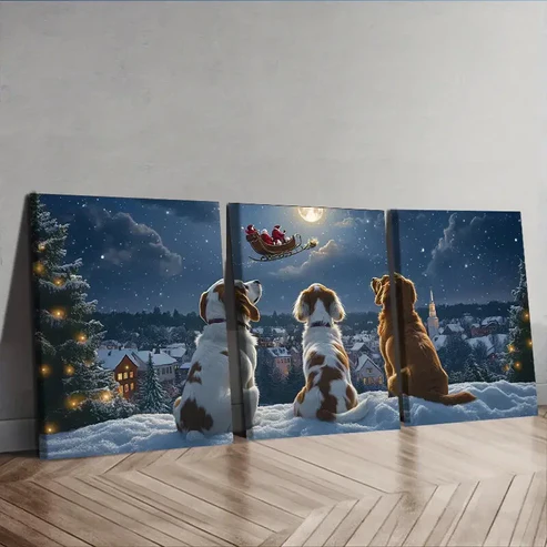 3pcs The dog looks at Santa Claus Wall Art Set Canvas Framed 40x60cm – High Quality Print 100% Australian Made Wall Canvas Ready to Hang