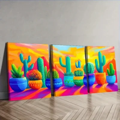 3pcs Cactus in colorful flower POTS Wall Art Set Canvas Framed 40x60cm - High Quality Print 100% Australian Made Wall Canvas Ready to Hang