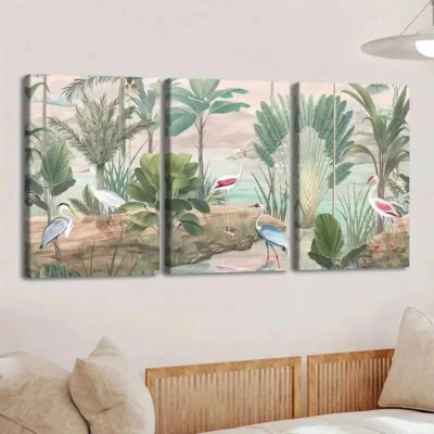 3pcs Tropical Forest & Birds Trees River Clouds Wall Art Set Canvas Framed 50x70cm - High Quality Print 100% Australian Made Wall Canvas Ready to Hang