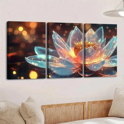3pcs Vibrant Lotus Flower Light Blue Gold Rounds Wall Art Set Canvas Framed 50x70cm - High Quality Print 100% Australian Made Wall Canvas Ready to Hang