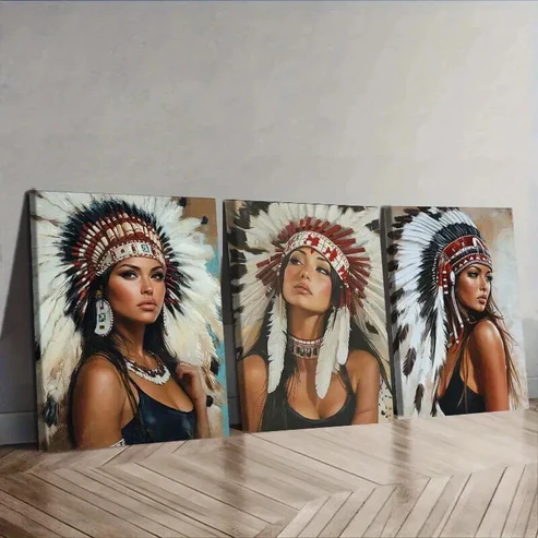 3pcs Indian girls wear feathered headdresses Wall Art Set Canvas Framed 50x70cm – High Quality Print 100% Australian Made Wall Canvas Ready to Hang
