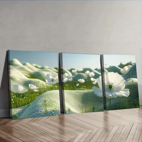 3pcs White Poppy Field Flowers Wall Art Set Canvas Framed 40x60cm – High Quality Print 100% Australian Made Wall Canvas Ready to Hang
