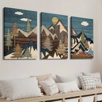 3pcs Mountain Pine Forest Nature Wilderness Wall Art Set Canvas Framed 40x60cm - High Quality Print 100% Australian Made Wall Canvas Ready to Hang