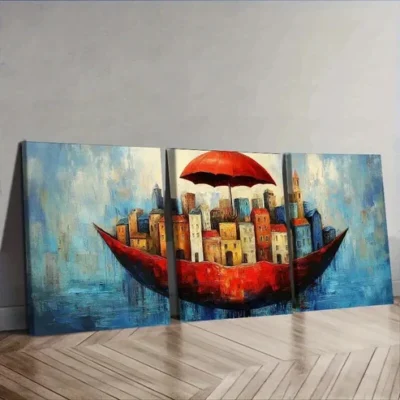 3pcs City view under a red umbrella Wall Art Set Canvas Framed 50x70cm - High Quality Print 100% Australian Made Wall Canvas Ready to Hang