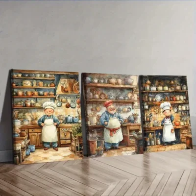 3pcs The whimsical chef Wall Art Set Canvas Framed 40x60cm - High Quality Print 100% Australian Made Wall Canvas Ready to Hang
