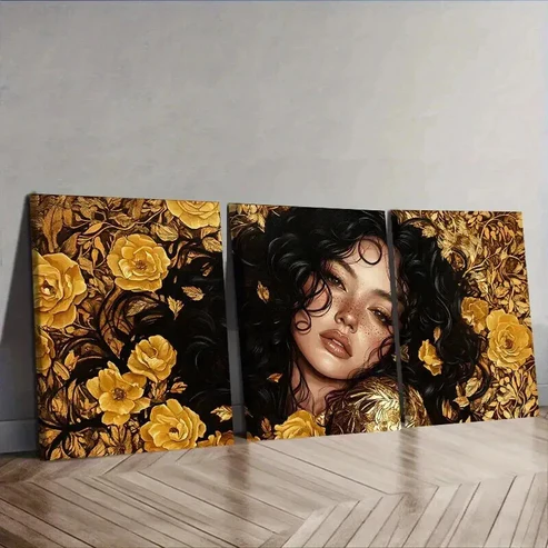 3pcs Intricate gold lace girl Wall Art Set Canvas Framed 50x70cm – High Quality Print 100% Australian Made Wall Canvas Ready to Hang