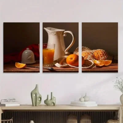 3pcs Oranges, Pitcher & Glass Classic Wall Art Set Canvas Framed 40x60cm - High Quality Print 100% Australian Made Wall Canvas Ready to Hang