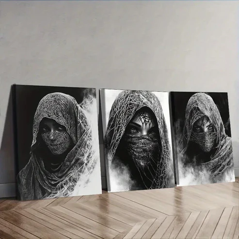 3pcs The Enigmatic Cloaked Woman from Egypt Wall Art Set Canvas Framed 40x60cm – High Quality Print 100% Australian Made Wall Canvas Ready to Hang