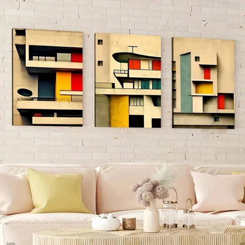 3pcs Abstract Modern Triptych Corbusier Blocks Wall Art Set Canvas Framed 50x70cm – High Quality Print 100% Australian Made Wall Canvas Ready to Hang