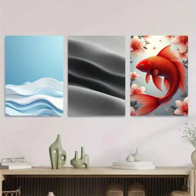 3pcs Modern Abstract Ocean Waves Black Silk Wall Art Set Canvas Framed 50x70cm - High Quality Print 100% Australian Made Wall Canvas Ready to Hang