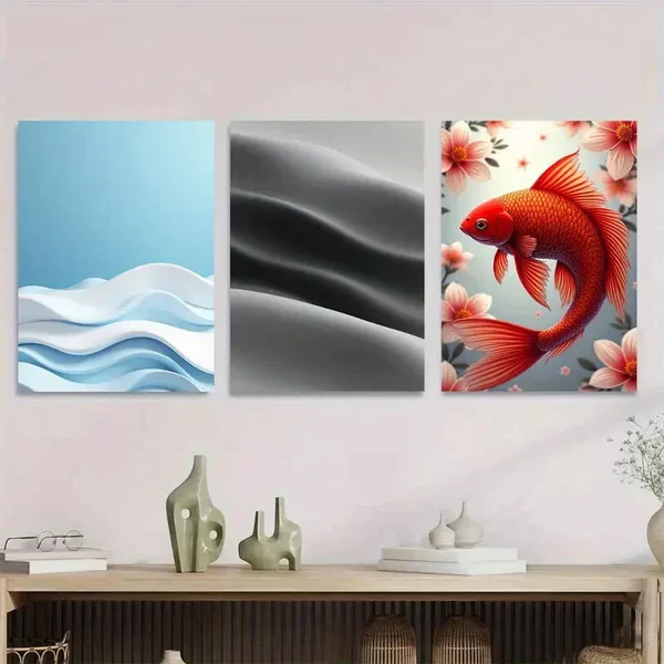 3pcs Modern Abstract Ocean Waves Black Silk Wall Art Set Canvas Framed 50x70cm – High Quality Print 100% Australian Made Wall Canvas Ready to Hang