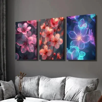 3pcs Pink & Purple Flowers on Dark Background Wall Art Set Canvas Framed 40x60cm - High Quality Print 100% Australian Made Wall Canvas Ready to Hang