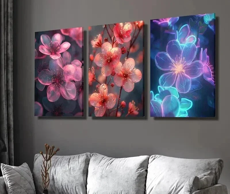 3pcs Pink & Purple Flowers on Dark Background Wall Art Set Canvas Framed 40x60cm – High Quality Print 100% Australian Made Wall Canvas Ready to Hang