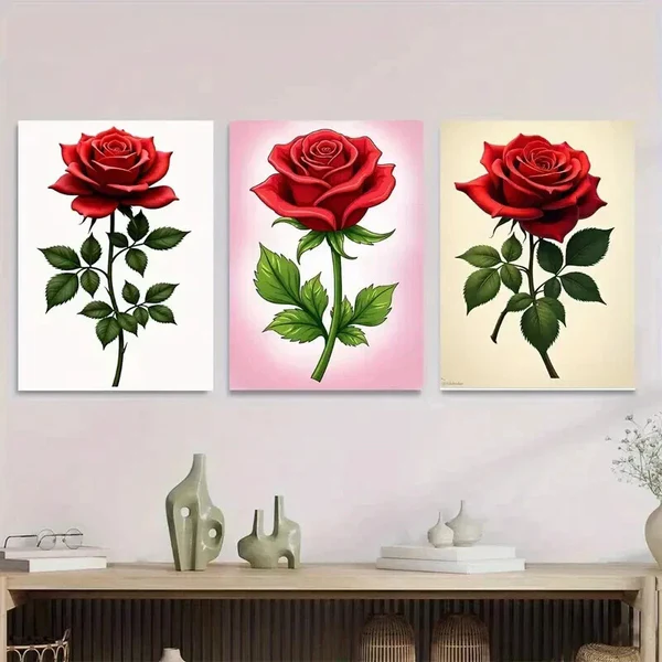 3pcs Elegant Red Rose Triptych Classic & Glam Wall Art Set Canvas Framed 50x70cm – High Quality Print 100% Australian Made Wall Canvas Ready to Hang