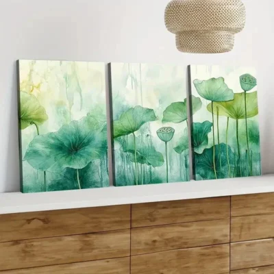 3pcs Abstract Painting Artwork Green Florals Wall Art Set Canvas Framed 50x70cm - High Quality Print 100% Australian Made Wall Canvas Ready to Hang